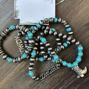 By The Bay NY 5 row stretch bracelet w/howdy/cowgirl & boot charms, turquoise